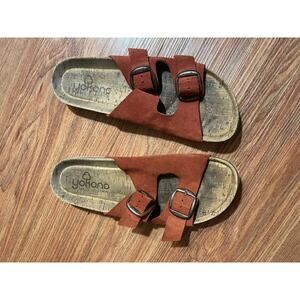 Vintage Womens Yokono Rust Leather Sandals 9.5 Buckle Y2K Boho Hippie Grunge
